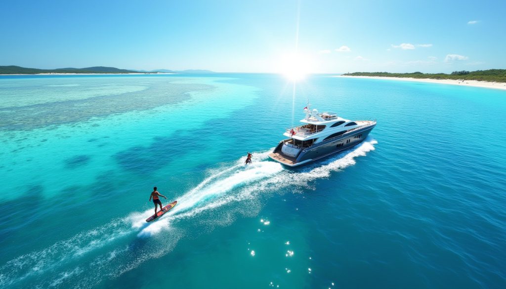 Wakeboarding vicino a uno yacht durante la navigazione e gli sport acquatici sulla Grande Barriera Corallina con i coralli sottostanti.